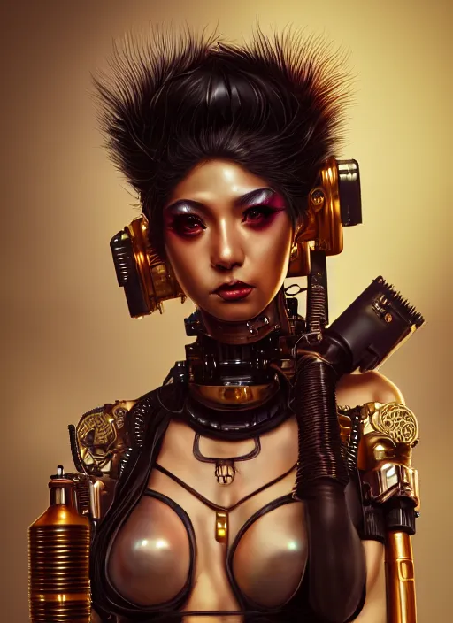 Prompt: soft lustrous ebony geisha seductive raver gutter punk steampunk cyborg, yakuza, golden ratio, details, scifi, fantasy, cyberpunk city, intricate, decadent, highly detailed, octane render, digital painting, artstation, concept art, sharp focus, illustration, art by artgerm, loish, wlop