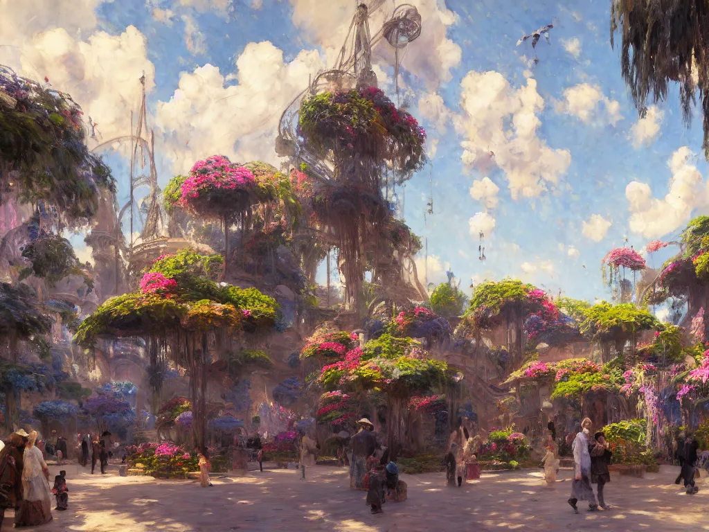 Image similar to impressionist brushstrokes!!!! solomon joseph solomon and richard schmid and jeremy lipking victorian loose genre loose painting of a busy elaborate ornate outdoor sci - fi park, cinematic, shadows, partly cloudy day, 4 k, detailed, by zaha hadid and peter jackson and ridley scott and beeple and greg rutowski