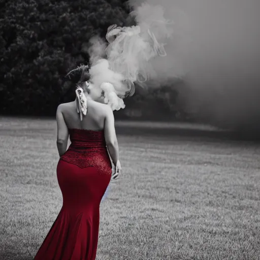 Image similar to a detailed photo of woman in evening dress and smoke around the woman, noire photo, grayscale photo with red dress, photo by Michael David Rock, 8K, 50mm lens