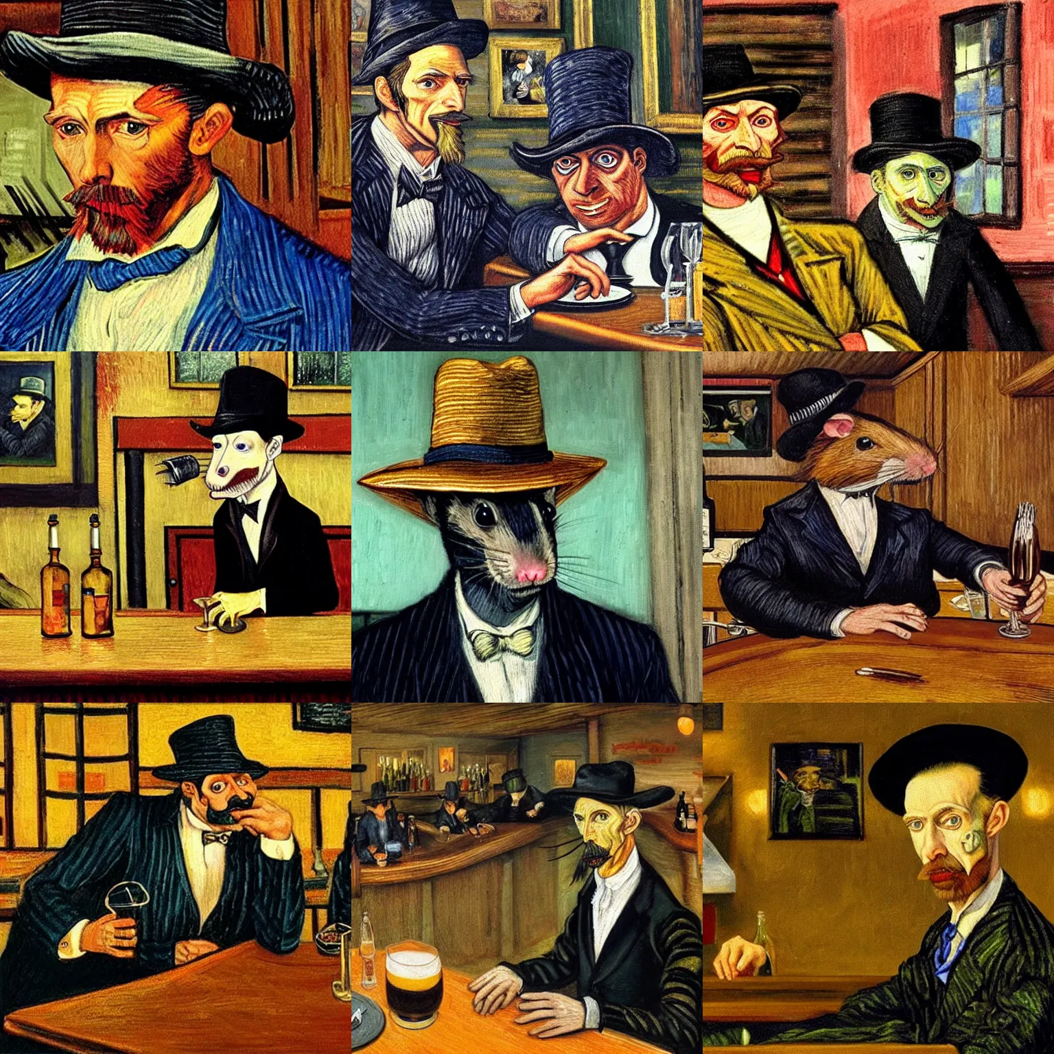 Prompt: A still of a male rat wearing a pinstriped suit and mafia-style hat, at a bar in a Van Gough Painting