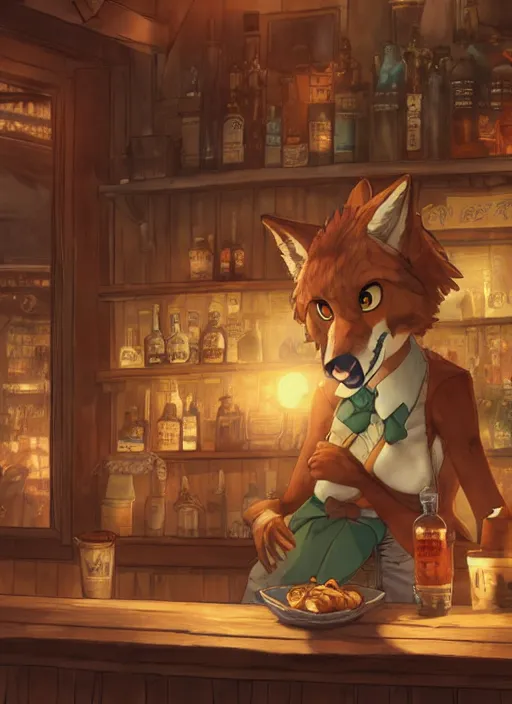 Image similar to anthro coyote fursona barmaid in a cozy tavern, hidari, color page, tankoban, 4K, tone mapping, Akihiko Yoshida.