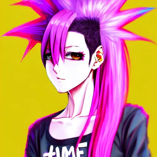 Image similar to full headshot portrait of anime woman with pink mohawk punk, digital art, drawn by WLOP, by Avetetsuya Studios, anime manga panel, trending on artstation, wearing a plaid shirt