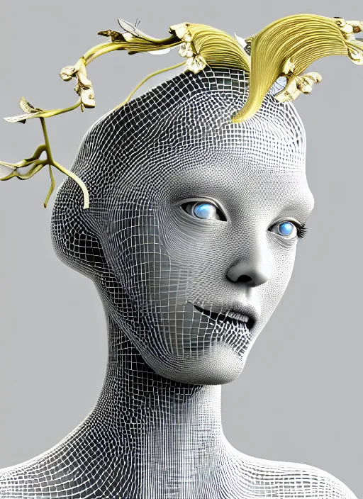 Image similar to complex 3d render ultra detailed of a beautiful porcelain profile woman face, mechanical cyborg, 150 mm, beautiful natural soft light, rim light, silver gold details, ghost orchid big leaves and stems, roots, fine foliage lace, maze like, mesh wire, white metal neocubism armor, intricate details, hyperrealistic, ultra detailed, mandelbrot fractal, anatomical, red lips, facial muscles, cable wires, microchip, elegant, octane render, H.R. Giger style, 8k