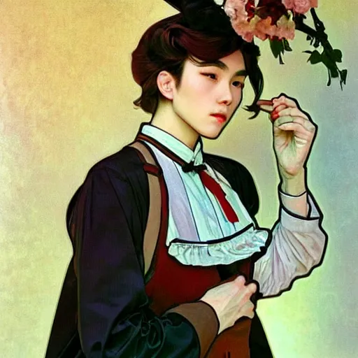 Image similar to full body painting of grumpy handsome thin beautiful young man in his 2 0 s named min - jun in a modest french female maid outfit, modern clothing, elegant, clear, painting, stylized, sharp facial features, pouty, highly detailed, art, art by alphonse mucha, trending on artstation,