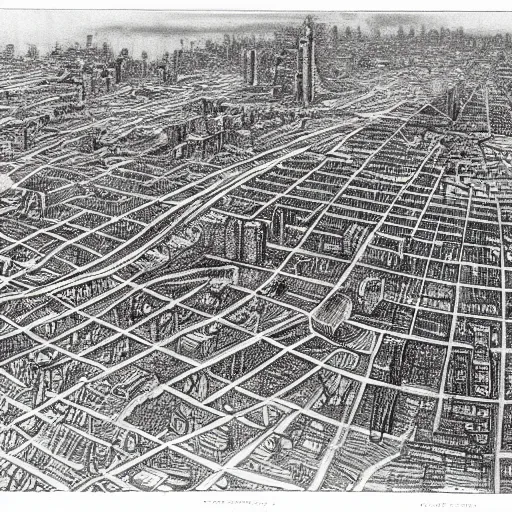 Image similar to pencil sketch of fully destroyed city after nuke bird view, high details