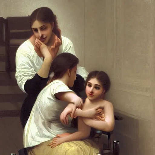 Image similar to the patient was in a wheelchair in the hospital and two family members were standing by. happy, cheerful, sharp focus, artstation, cinematic, hyperdetailed, by william adolphe bouguereau