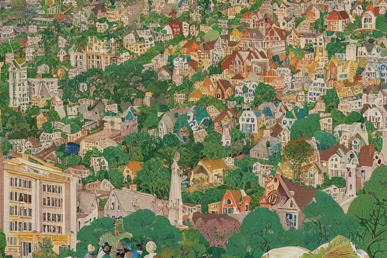 Image similar to an elaborate and dense painting of a peaceful neighborhood, detailed, made of alcohol ink on parchment and penned illustrations, by wes anderson and bosch and geoff darrow