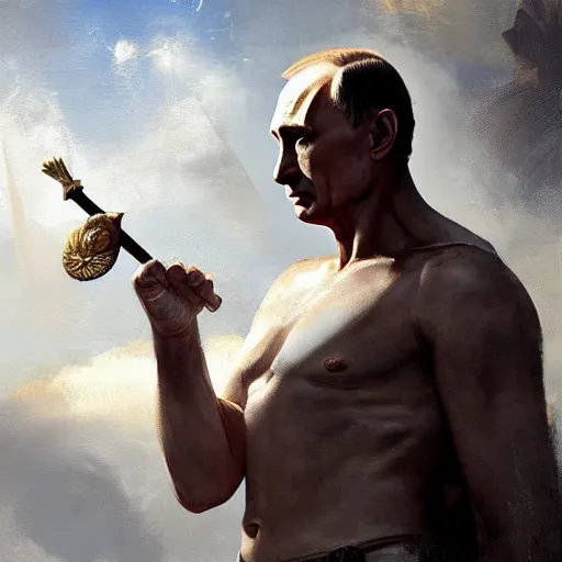 Image similar to vladimir putin as a greek god, by greg rutkowski