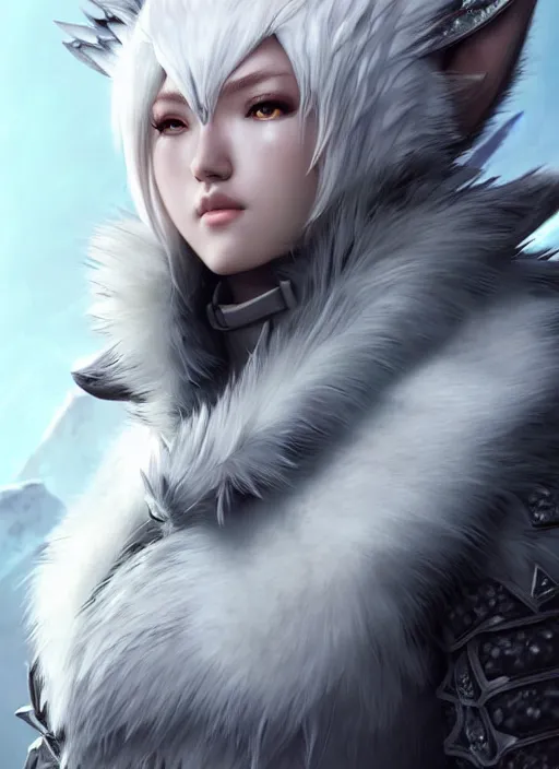 Image similar to warrior, fur - lined wolf armor!!! beautiful and elegant white hair female!! monster hunter!! character concept art, sharp focus, octane render! unreal engine 5! highly rendered!! trending on artstation!! detailed linework!! illustration by artgerm, wlop, and chie yoshii