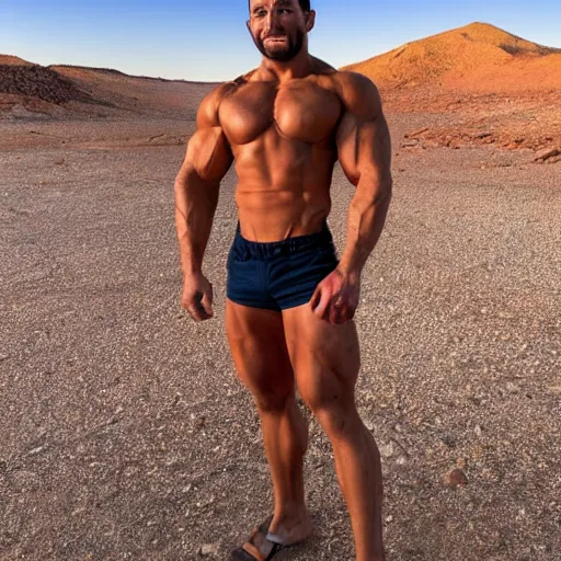 Image similar to a muscular man in a desert looking at the camera