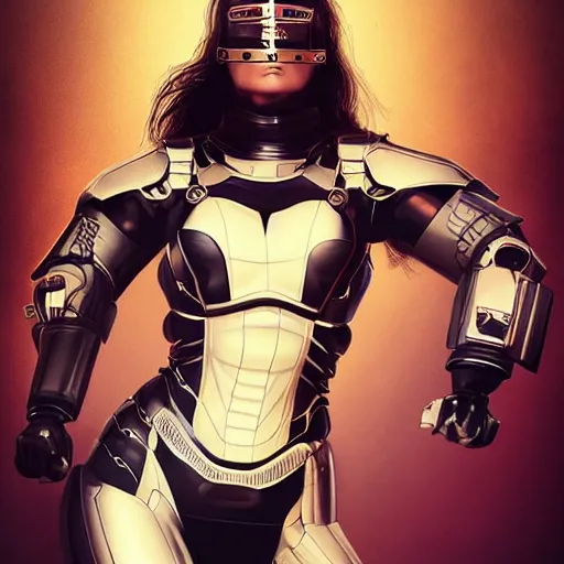 Image similar to a full bodied portrait of beautiful, disciplined, young woman in latex battle armor suit by sandra chevrier, detailed render, epic composition, cybernetics, 4 k realistic, cryengine, realistic shaded lighting, sharp focus, masterpiece, by matteo scalera, gary montalbano, peter elson in the style of the tokyo ghost comic, epic angles