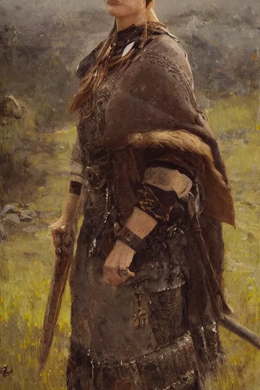 Image similar to Richard Schmid and Jeremy Lipking and Antonio Rotta full length portrait painting of a young beautiful traditonal viking warrior priestess woman