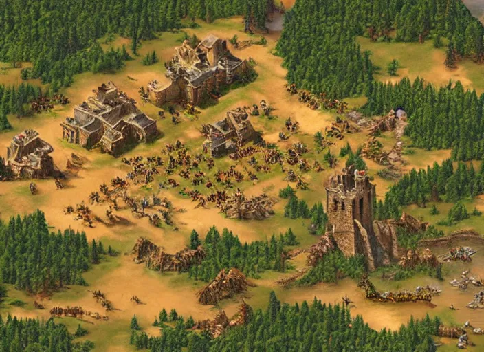 Image similar to isometric map of age of empires video game, procedural, top down, AOE2 , civilization, river, forest, cave, mountain, game level, map, woods, hills, buildings, snow, , digital art,realistic,detailed,art by greg rutkowski