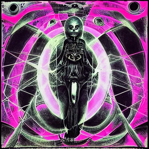 Prompt: post - punk new age album cover, magic, apocalypse, psychonaut, psychedelic, black white pink, magic, giger h. r.