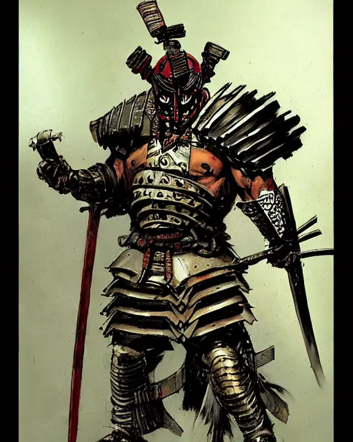 Image similar to portrait of a samurai cyborg wearing armor by simon bisley, john blance, frank frazetta, fantasy, barbarian