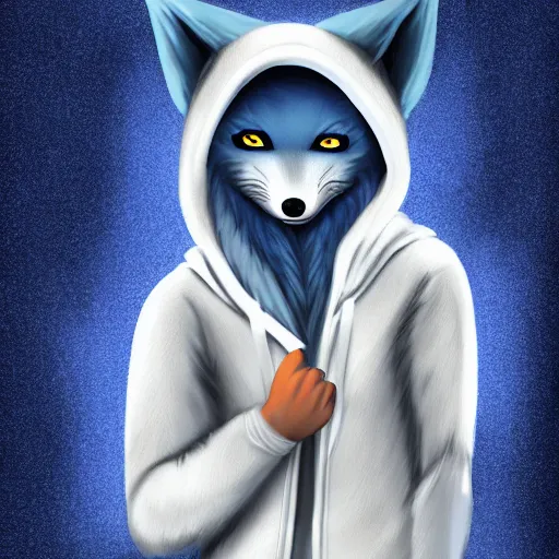 Image similar to anthropomorphic male blue fox furry fursona with handsome eyes, wearing a white hoodie, dramatic action movie poster, realistic hdr