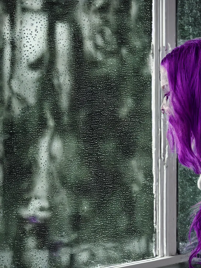 Image similar to there's so many raindrops on the window that you can barely make out the sad model on the other side photographed by Mark Seliger, green and purple hair, nighttime, city light reflections