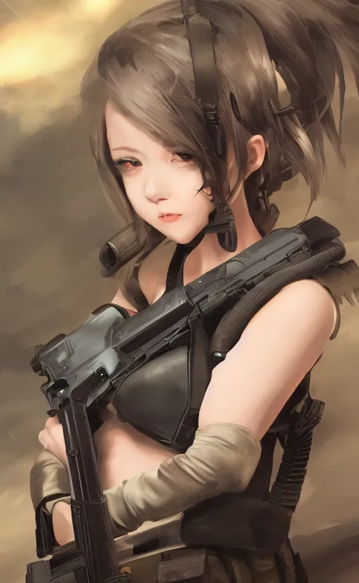 Image similar to highly detailed, high resolution, character design art, stunning, volumetric lightning, realistic guns, girls frontline style, matte, sharp focus, 150mm, illustration, artstation, by kuvshinov ilya, professional result, realistic human anatomy, simple design, realistic military gear