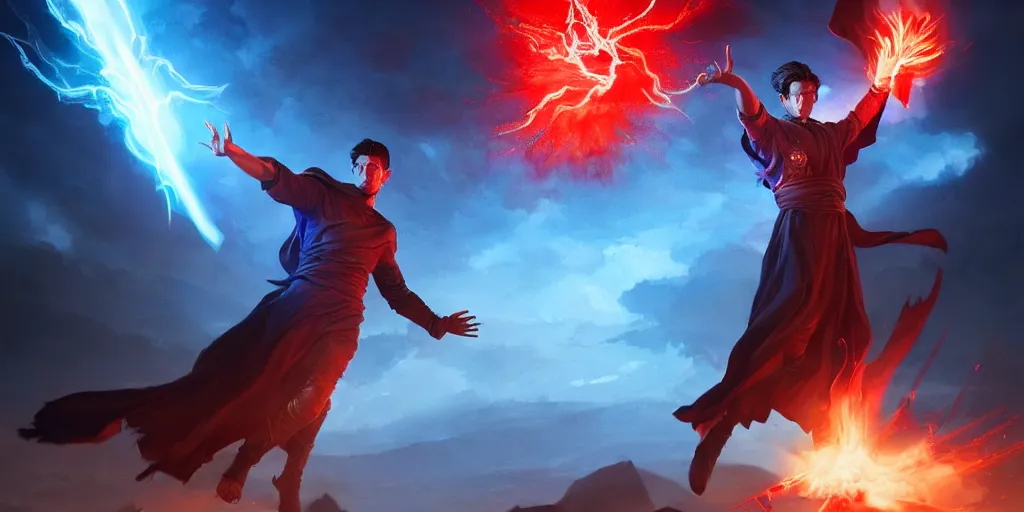 Image similar to epic scene of a handsome brown haired male sorcerer he is casting a blue and red spell that is emanating from his hands, heroic pose, medium shot, waist up, epic composition, dynamic lighting, post processing, concept art, cinematic, trending on artstation, by greg rutkowski