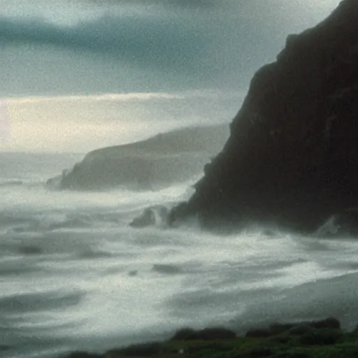 Image similar to dark and moody 1 9 7 0's artistic spaghetti western film in color, a woman in a giant billowy wide long flowing waving white dress transforming into sea spray, standing inside a green mossy irish rocky scenic landscape, crashing waves and sea foam, volumetric lighting, backlit, moody, atmospheric, fog, extremely windy, soft focus