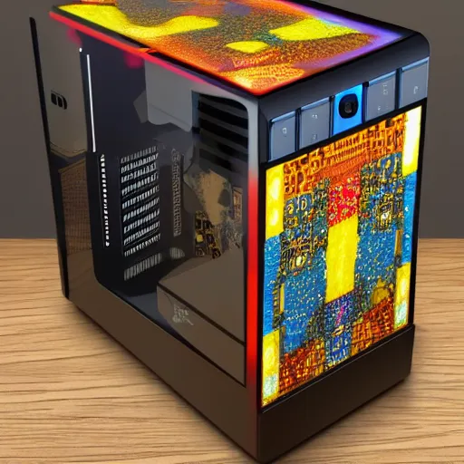 Prompt: Highpowered desktop gaming tower designed by Klimt, high resolution photograph, flat lighting