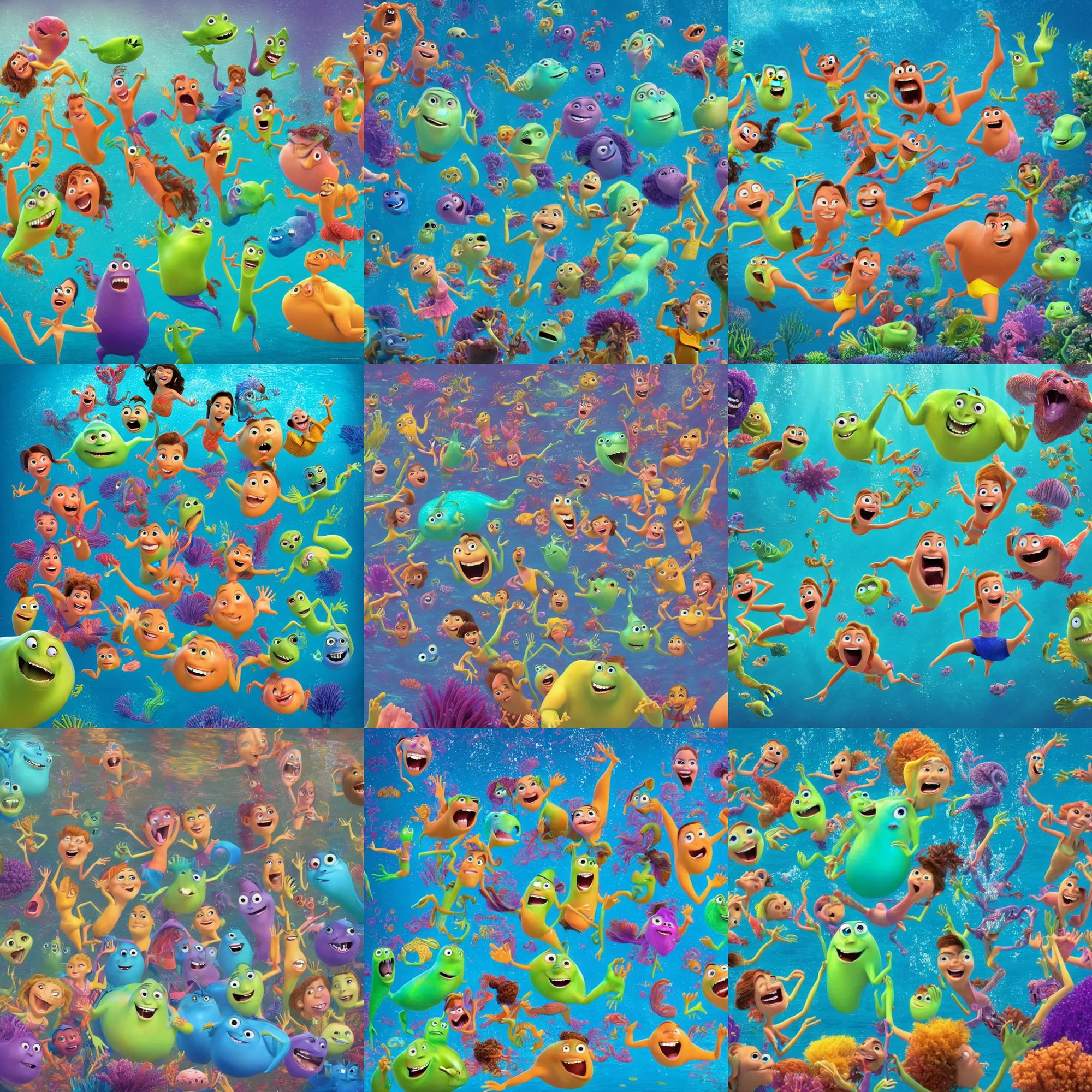 Prompt: full body shot of a bunch of people dancing underwater, pixar illumination studios animated movie by pete docter, fun!!! happy!!! extremely joyful and eerie smiles, slimy fluid liquid