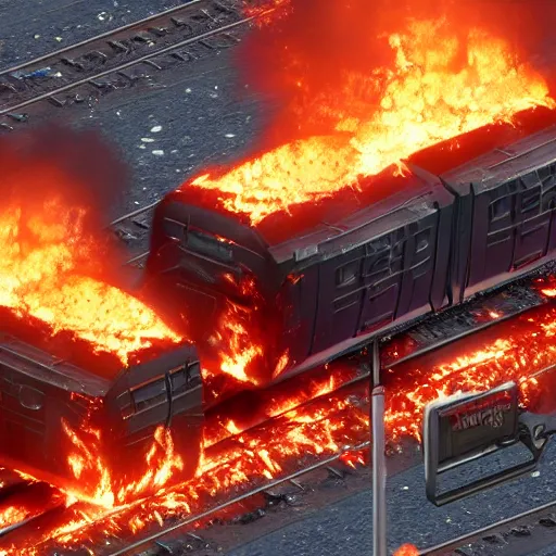 Image similar to a stack of dumpsters in flames located at the middle of a train wreck trending on artstation 4 k detailed sharp high detail