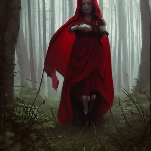 Image similar to little red riding hood on dark moonlight forest path, darkwave, darksynth, concept art, sharp, digital matte painting, art by, greg rutkowski, wlop, dramatic lighting, trending on artstation