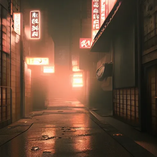 Prompt: a japanese alleyway in the style of blade runner 2049, volumetric lighting,