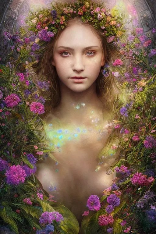 Image similar to elaborately detailed close up portrait of an extremely beautiful girl surrounded by flowers, an eerie mist and ethereal rainbow bubbles, Aetherpunk, high fantasy matte painting, fantasy matte painting movie poster, Art Nouveau, smooth, sharp focus, atmospheric lighting, highly detailed illustration highlights, backlight, golden ratio, 8K detail post-processing, symmetrical facial features, rich deep moody colors, majestic, dark epic fantasy, award winning picture, sense of awe, featured on DeviantArt, trending on cgsociety