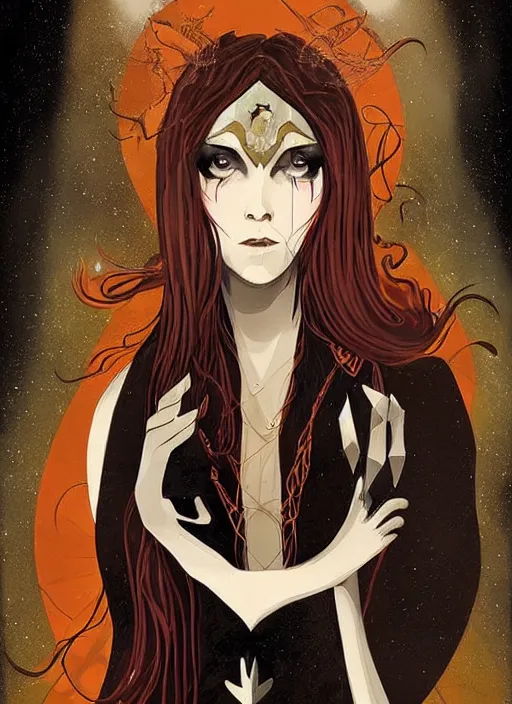 Prompt: tarot!!, high priestess, no noise, elegant, concept art, sharp focus, beautiful face!!, digital art, smooth defined outlines!!, human anatomy, human structure, vector background, dark fantasy, by Yukio Miyamoto