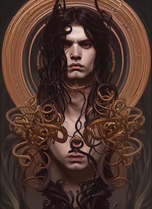 Image similar to symmetry!! portrait of a male version of medusa, gothic, dark, intricate, elegant, highly detailed, digital painting, artstation, concept art, smooth, sharp focus, illustration, art by artgerm and greg rutkowski and alphonse mucha