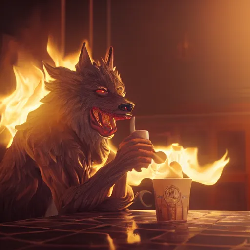 Image similar to A epic and beautiful rococo werewolf drinking coffee, in a burning coffee shop. ultra-detailed. Anime, pixiv, UHD 8K CryEngine, octane render