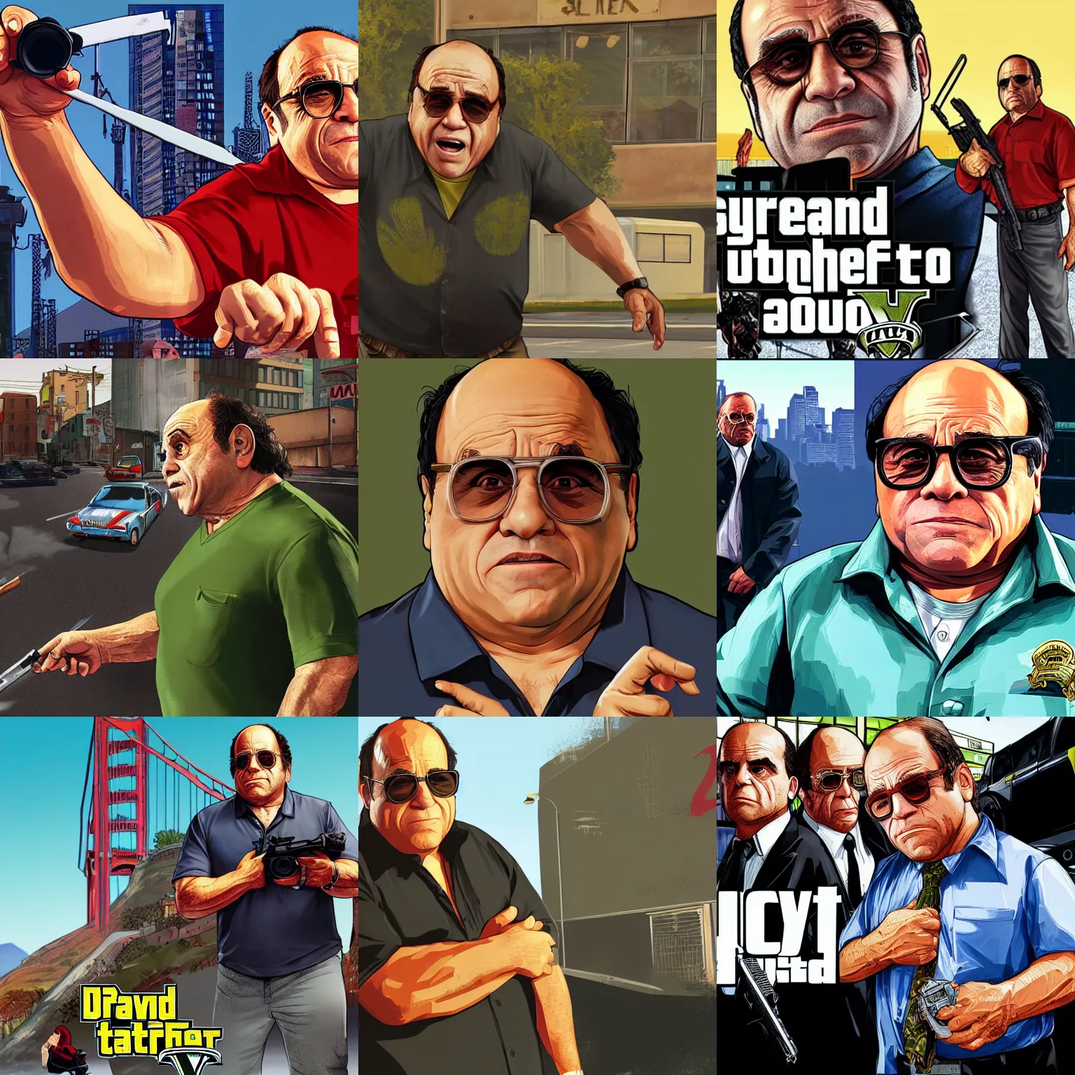 Prompt: danny devito in gta v promotional art by stephen bliss, no text, very detailed, professional quality