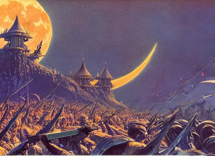 Image similar to beautiful as the moon, terrible as an army with banners. art by michael whalen and bruce pennington