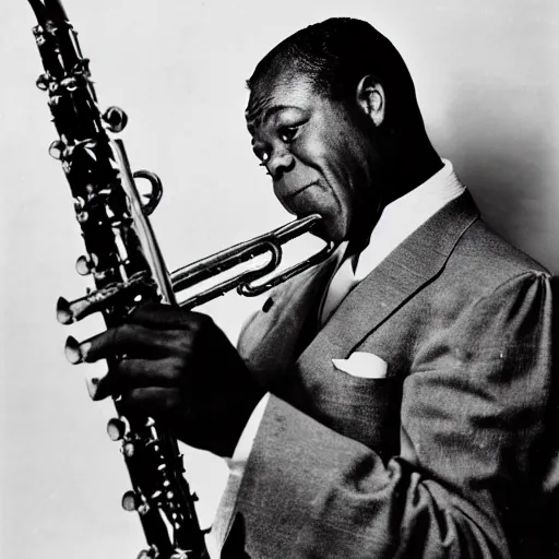 Image similar to 1 9 3 0 s photo of louis armstrong playing a flute, black and white photo