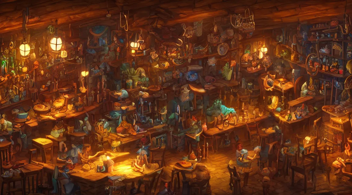 Image similar to A multidimensional cozy tavern, screenshot from hidden object game, cinematic lighting, epic composition, cartoon, animation, background art, post processing, 8K resolution