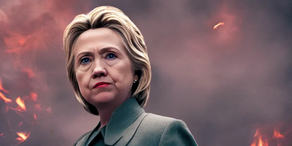 Image similar to movie still of hilary clinton as a war criminal, focused shot, realistic, smoke, fire, octane render