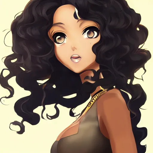 Image similar to A brown skinned woman with black curly hair as an anime character, artstation, highlt detailed