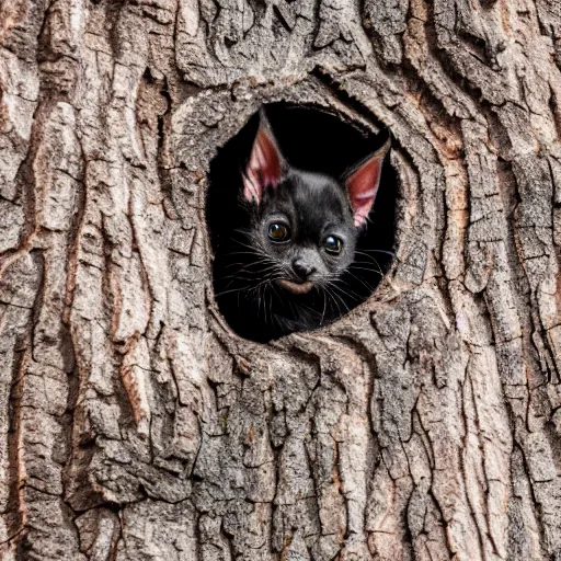 Image similar to a bat kitten, in a tree, Canon EOS R3, telephoto, very detailed, 4k