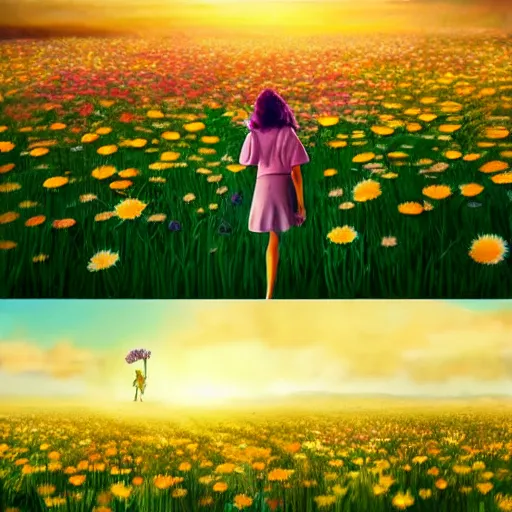 Image similar to giant daisy flower as face, full body, girl walking in a flower field, surreal photography, sunrise dramatic light, impressionist painting, colorful clouds, digital painting, artstation, simon stalenhag, flower face