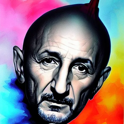 Prompt: ben kingsley's head has the form of an ice cream ball. it is on top of an ice cream cone. colorful ink, by artgerm