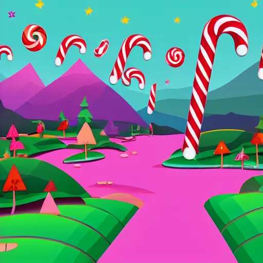 Prompt: candy landscape, mobile game background, match 3, pink hills, candy canes, chocolate, vector art, very detailed, artstation