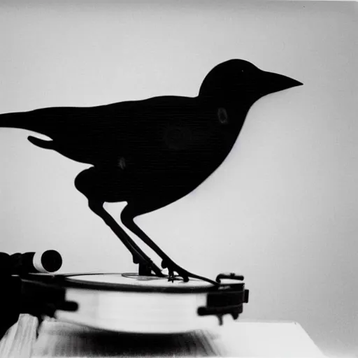 Prompt: close - up, photo of a magpie in a hoodie, holding a vinyl record, 9 0 - s, polaroid photo, by warhol,