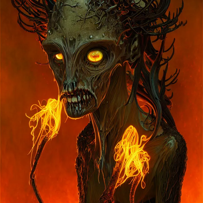 Image similar to translucent Wendigo with flaming eyes, veiled in mist, diffuse lighting, fantasy, intricate, elegant, highly detailed, lifelike, photorealistic, digital painting, artstation, illustration, concept art, smooth, sharp focus, art by John Collier and Albert Aublet and Krenz Cushart and Artem Demura and Alphonse Mucha