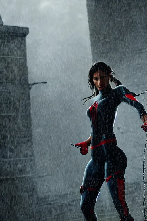 Image similar to cinematic of lara croft as spiderman, dramatic rain, 8 k, moody lighting