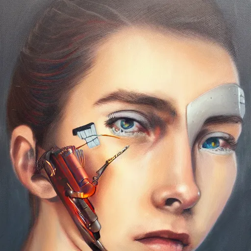 Prompt: portrait of a cyborg, oil on canvas, ultra hd, detailed, trending on pixiv