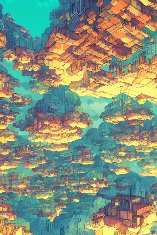 Image similar to cave city inception reflected on ceiling 4 k digital paint by studio ghibli hayao miyazaki. vivid colours, vaporwave lighting style, very sharp and detailed. trending on artstation and behance.