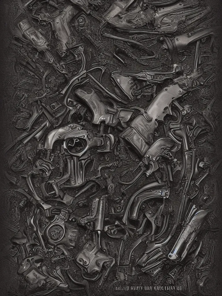 Prompt: carving in dark black steel of machine guns shotguns rifles revolvers bullets, dark vintage paperback cover, ultra-realistic, intricate details, 4k