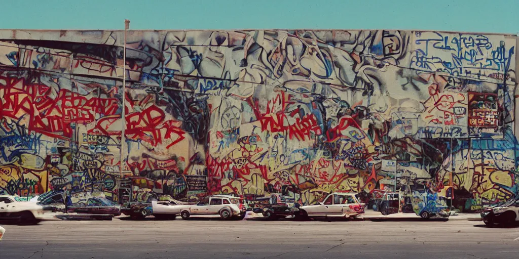 Prompt: realistic and cinematic views of of an Orwellian shopping center within Los Angeles, dystopia, extreme detail, graffiti art style, vibrant colors, realism, 35mm film grain